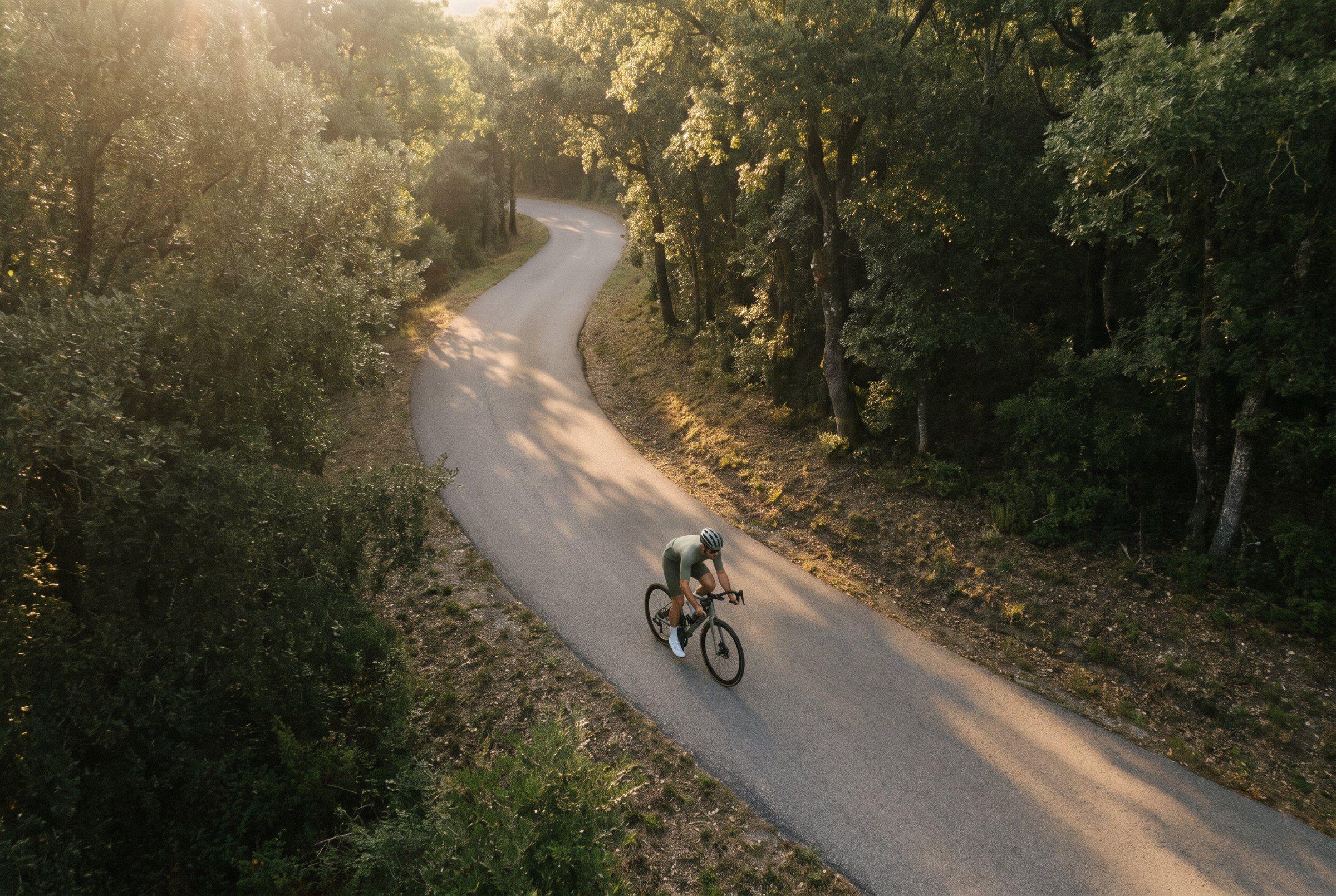 A lone cyclist on a winding road through a pine forest, seen from above