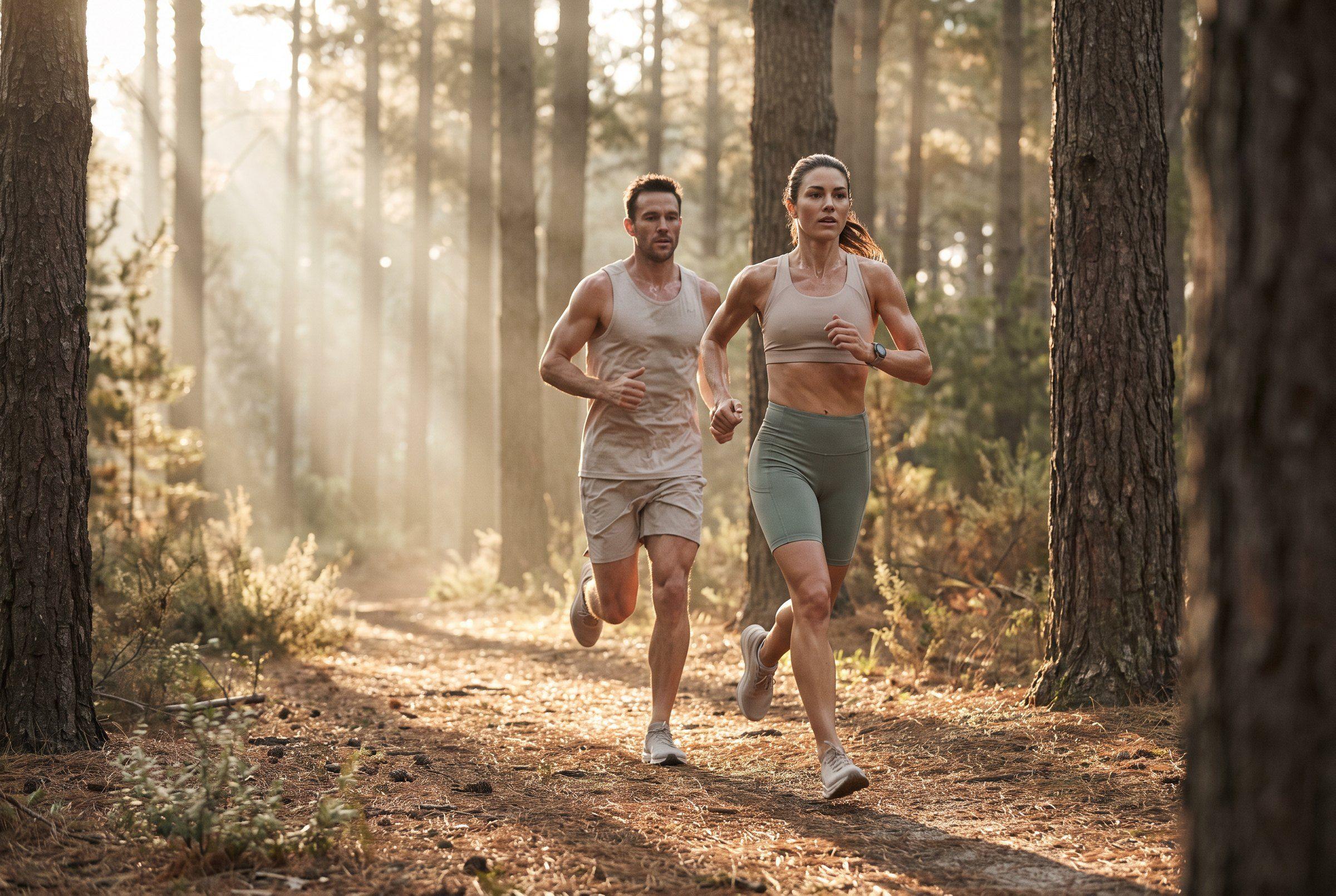 Two runners on a forest trail