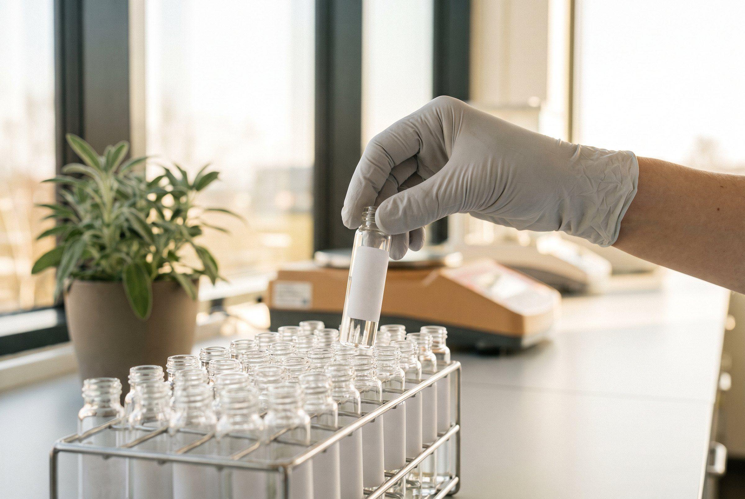 Viales de muestras con tapones de colores en una gradilla de laboratorio