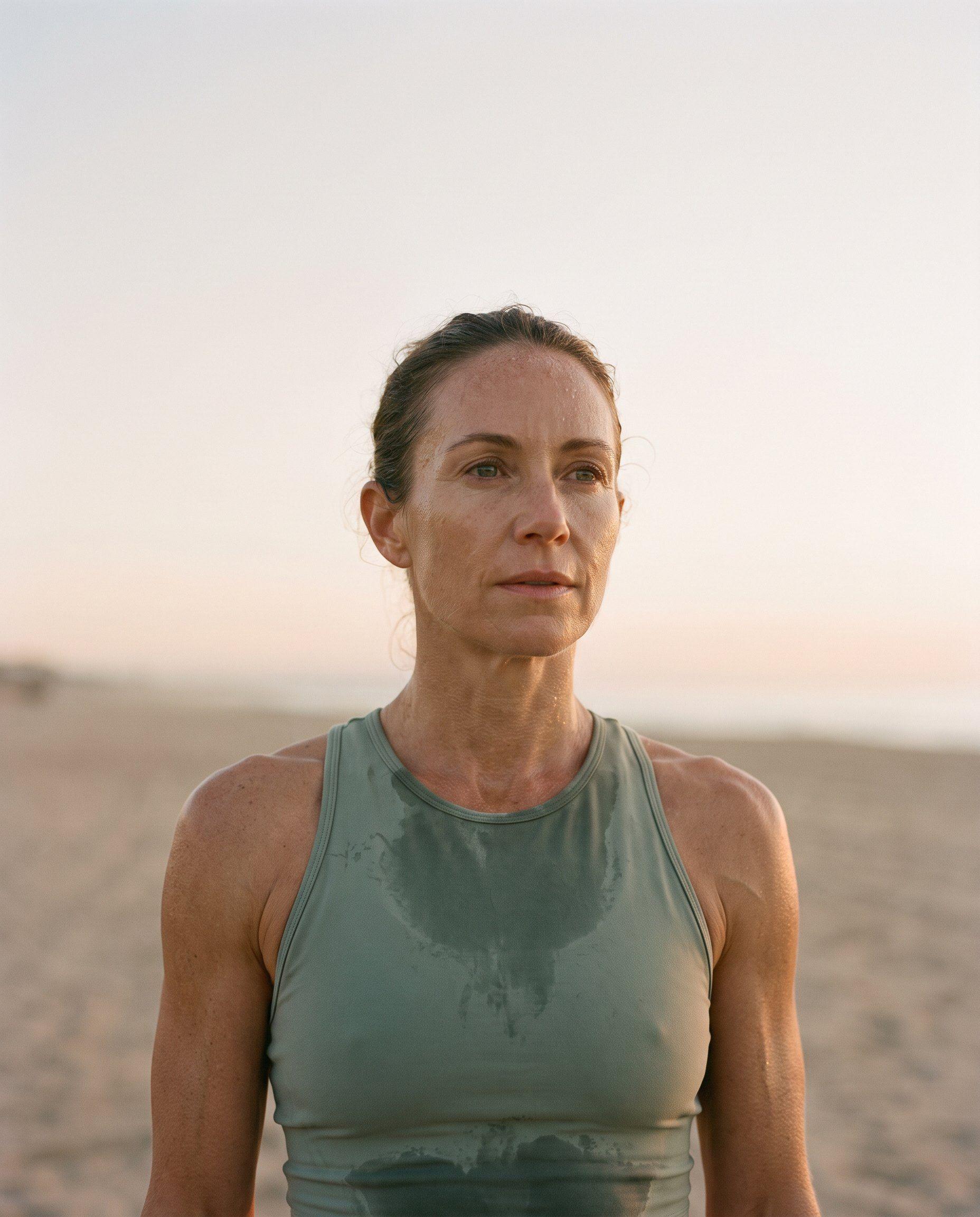 Una mujer en forma recupera el aliento tras una sesión de series al amanecer