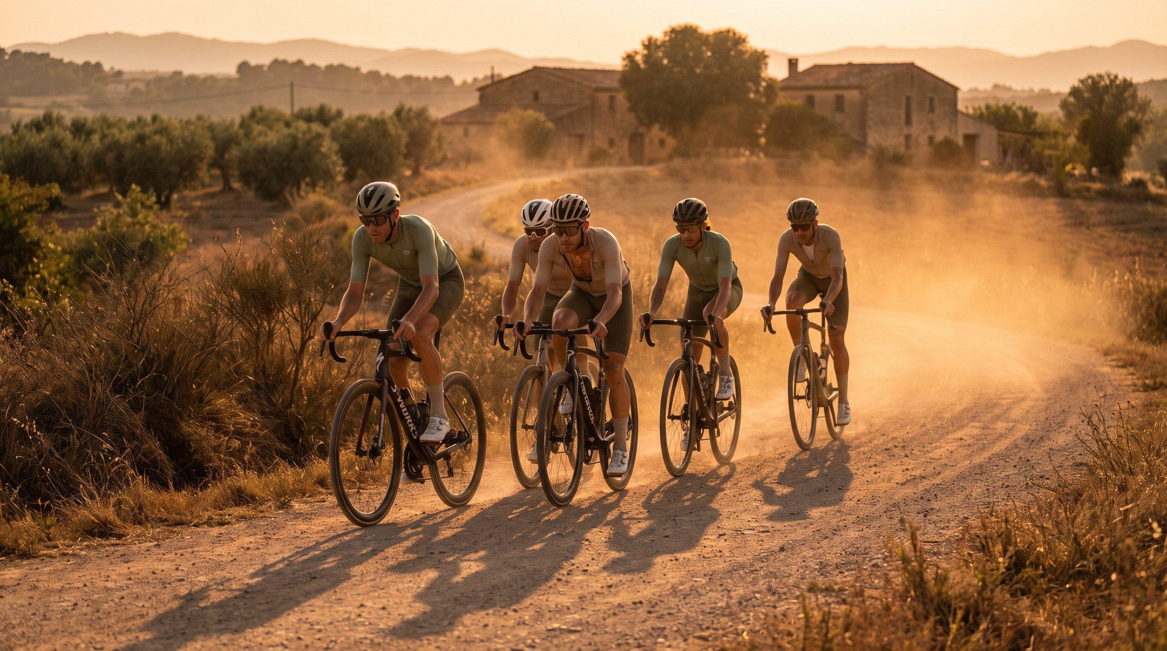 Un grupo de ciclistas rodando al atardecer