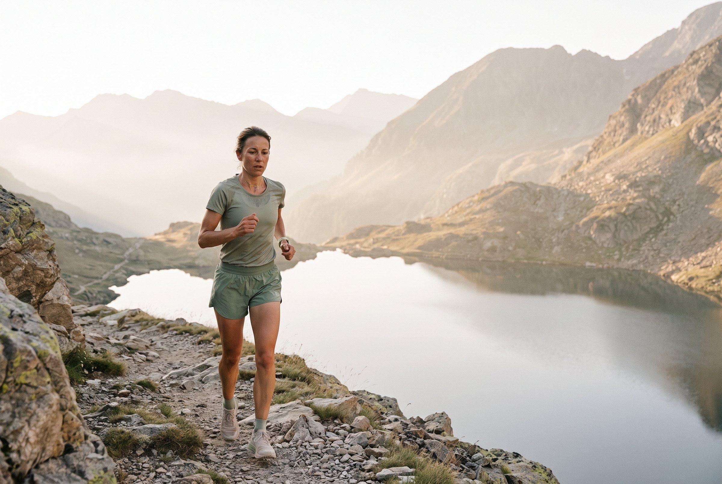 A runner on a mountain edge above a lake